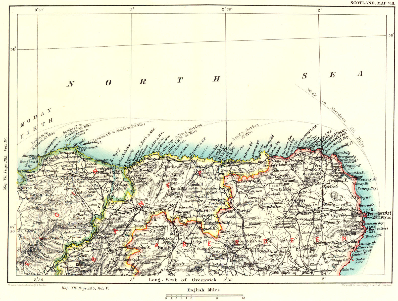 MORAY & ABERDEENSHIRE COAST. Elgin Banff Monquhitter Turiff Knockando 1893 map